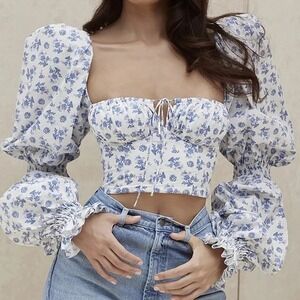 House of CB Millicent Blue White Floral Puff Sleeve Corset Top Small